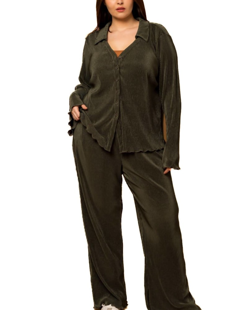 Front of a model wearing a size 2X Missed Your Chance Two Piece Set In Olive in Olive by CURVY GIRL. | dia_product_style_image_id:347301